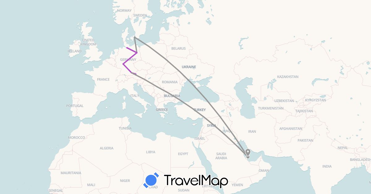 TravelMap itinerary: plane, train in Austria, Germany, Denmark, Qatar, Serbia (Asia, Europe)